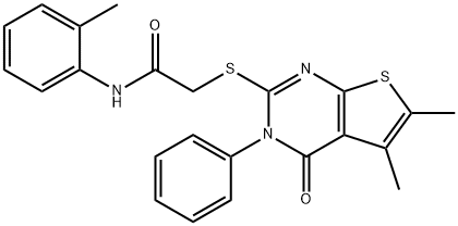 2-((5,6-dimethyl-4-oxo-3-phenyl-3,4-dihydrothieno[2,3-d]pyrimidin-2-yl)thio)-N-(o-tolyl)acetamide 结构式