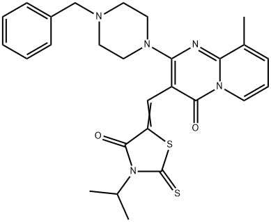 (Z)-5-((2-(4-benzylpiperazin-1-yl)-9-methyl-4-oxo-4H-pyrido[1,2-a]pyrimidin-3-yl)methylene)-3-isopropyl-2-thioxothiazolidin-4-one 结构式