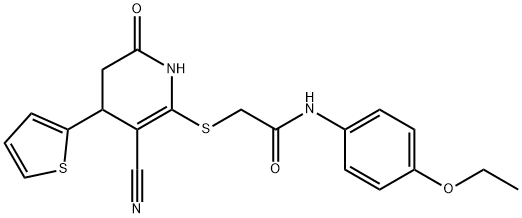 2-((3-cyano-6-oxo-4-(thiophen-2-yl)-1,4,5,6-tetrahydropyridin-2-yl)thio)-N-(4-ethoxyphenyl)acetamide 结构式