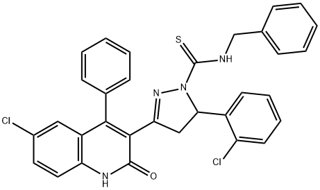 N-benzyl-3-(6-chloro-2-hydroxy-4-phenylquinolin-3-yl)-5-(2-chlorophenyl)-4,5-dihydro-1H-pyrazole-1-carbothioamide 结构式