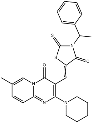 (Z)-5-((7-methyl-4-oxo-2-(piperidin-1-yl)-4H-pyrido[1,2-a]pyrimidin-3-yl)methylene)-3-(1-phenylethyl)-2-thioxothiazolidin-4-one 结构式