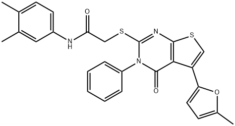 N-(3,4-dimethylphenyl)-2-((5-(5-methylfuran-2-yl)-4-oxo-3-phenyl-3,4-dihydrothieno[2,3-d]pyrimidin-2-yl)thio)acetamide 结构式