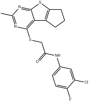 N-(3-chloro-4-fluorophenyl)-2-((2-methyl-6,7-dihydro-5H-cyclopenta[4,5]thieno[2,3-d]pyrimidin-4-yl)thio)acetamide 结构式