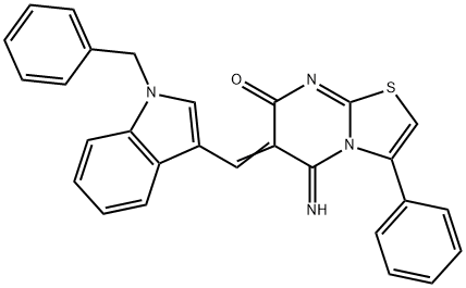 (6Z)-6-[(1-benzylindol-3-yl)methylidene]-5-imino-3-phenyl-[1,3]thiazolo[3,2-a]pyrimidin-7-one 结构式