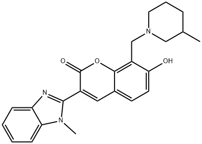 7-hydroxy-3-(1-methyl-1H-benzo[d]imidazol-2-yl)-8-((3-methylpiperidin-1-yl)methyl)-2H-chromen-2-one 结构式