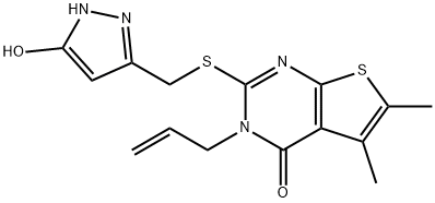 3-allyl-2-(((5-hydroxy-1H-pyrazol-3-yl)methyl)thio)-5,6-dimethylthieno[2,3-d]pyrimidin-4(3H)-one 结构式