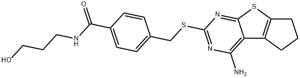 4-(((4-amino-6,7-dihydro-5H-cyclopenta[4,5]thieno[2,3-d]pyrimidin-2-yl)thio)methyl)-N-(3-hydroxypropyl)benzamide 结构式