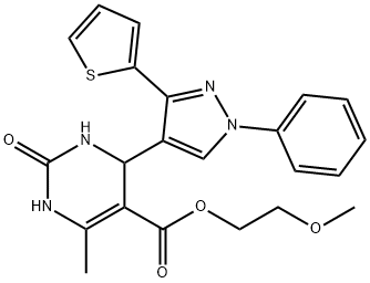 2-methoxyethyl 6-methyl-2-oxo-4-(1-phenyl-3-(thiophen-2-yl)-1H-pyrazol-4-yl)-1,2,3,4-tetrahydropyrimidine-5-carboxylate 结构式