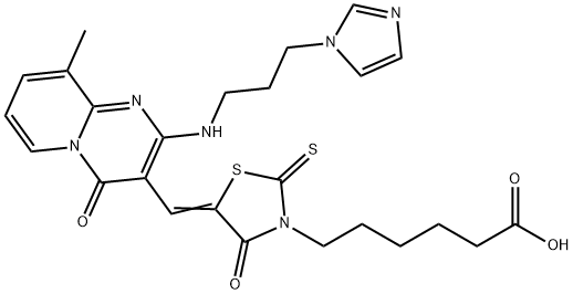 (Z)-6-(5-((2-((3-(1H-imidazol-1-yl)propyl)amino)-9-methyl-4-oxo-4H-pyrido[1,2-a]pyrimidin-3-yl)methylene)-4-oxo-2-thioxothiazolidin-3-yl)hexanoic acid 结构式