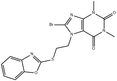 7-(2-(benzo[d]oxazol-2-ylthio)ethyl)-8-bromo-1,3-dimethyl-3,7-dihydro-1H-purine-2,6-dione 结构式