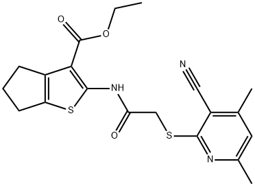 ethyl 2-(2-((3-cyano-4,6-dimethylpyridin-2-yl)thio)acetamido)-5,6-dihydro-4H-cyclopenta[b]thiophene-3-carboxylate 结构式