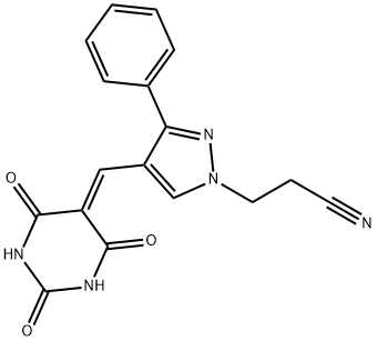 3-(3-phenyl-4-((2,4,6-trioxotetrahydropyrimidin-5(2H)-ylidene)methyl)-1H-pyrazol-1-yl)propanenitrile 结构式