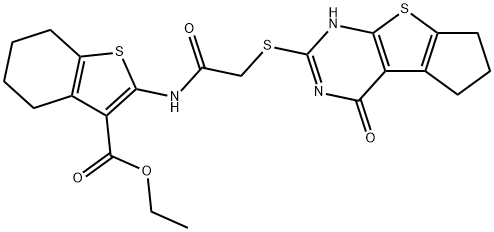 ethyl 2-(2-((4-oxo-3,5,6,7-tetrahydro-4H-cyclopenta[4,5]thieno[2,3-d]pyrimidin-2-yl)thio)acetamido)-4,5,6,7-tetrahydrobenzo[b]thiophene-3-carboxylate 结构式