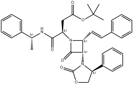 (R)-叔-丁基 4-氧亚基-3-((3S,4R)-2-氧亚基-3-((S)-2-氧亚基-4-苯基噁唑烷-3-基)-4-((E)-苯乙烯基)吖丁啶-1-基)-4-(((R)-1-苯基乙基)氨基)丁酯 结构式