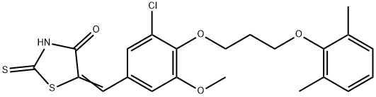 (5E)-5-{3-chloro-4-[3-(2,6-dimethylphenoxy)propoxy]-5-methoxybenzylidene}-2-thioxo-1,3-thiazolidin-4-one 结构式