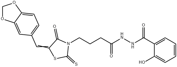 (Z)-N-(4-(5-(benzo[d][1,3]dioxol-5-ylmethylene)-4-oxo-2-thioxothiazolidin-3-yl)butanoyl)-2-hydroxybenzohydrazide 结构式