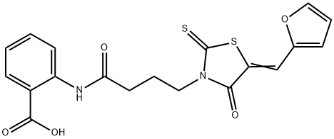 (E)-2-(4-(5-(furan-2-ylmethylene)-4-oxo-2-thioxothiazolidin-3-yl)butanamido)benzoic acid 结构式