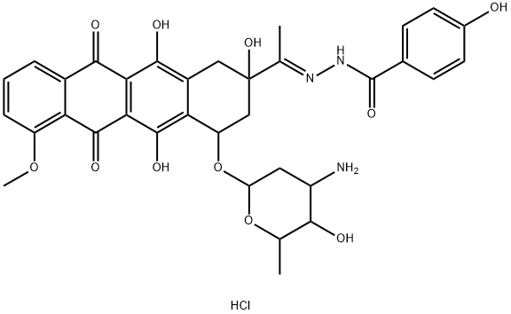 N-[1-[4-(4-amino-5-hydroxy-6-methyl-oxan-2-yl)oxy-2,5,12-trihydroxy-7-methoxy-6,11-dioxo-3,4-dihydro-1H-tetracen-2-yl]ethylideneamino]-4-hydroxy-benzamide 结构式