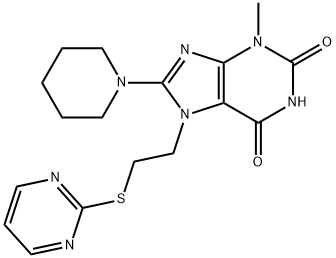 3-methyl-8-(piperidin-1-yl)-7-(2-(pyrimidin-2-ylthio)ethyl)-3,7-dihydro-1H-purine-2,6-dione 结构式
