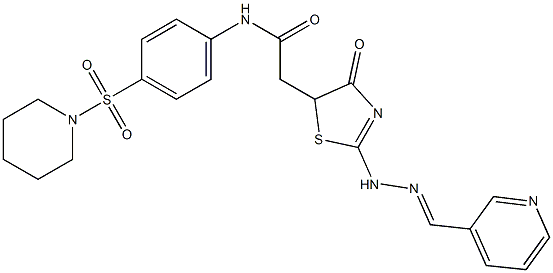 2-[4-oxo-2-[(2E)-2-(pyridin-3-ylmethylidene)hydrazinyl]-1,3-thiazol-5-yl]-N-(4-piperidin-1-ylsulfonylphenyl)acetamide 结构式