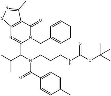 叔-丁基 (3-(N-(1-(5-苯甲基-3-甲基-4-氧亚基-4,5-二氢异噻唑并[5,4-D]嘧啶-6-基)-2-甲基丙基)-4-甲基苯甲酰氨基)丙基)氨基甲酯 结构式