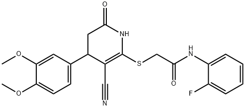 2-((3-cyano-4-(3,4-dimethoxyphenyl)-6-oxo-1,4,5,6-tetrahydropyridin-2-yl)thio)-N-(2-fluorophenyl)acetamide 结构式