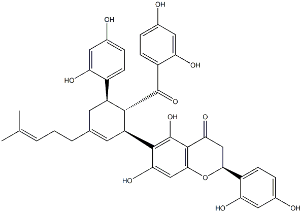 (2S)-6-[(1S,5R,6S)-6-(2,4-dihydroxybenzoyl)-5-(2,4-dihydroxyphenyl)-3-(4-methylpent-3-enyl)cyclohex-2-en-1-yl]-2-(2,4-dihydroxyphenyl)-5,7-dihydroxy-2,3-dihydrochromen-4-one 结构式