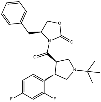 (S)-4-苯甲基-3-((3R,4S)-1-(叔-丁基)-4-(2,4-二氟苯基)吡咯烷-3-羰基)噁唑烷-2-酮 结构式