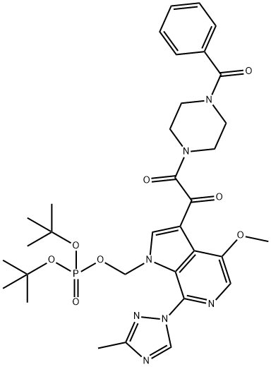 Phosphoric acid, [3-[(4-benzoyl-1-piperazinyl)oxoacetyl]-4-methoxy-7-(3-methyl-1H-1,2,4-triazol-1-yl)-1H-pyrrolo[2,3-c]pyridin-1-yl]methyl bis(1,1-dimethylethyl) ester (9CI) 结构式
