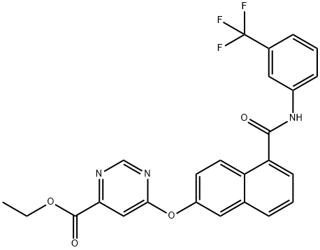 ethyl 6-((5-((3-(trifluoromethyl)phenyl)carbamoyl)naphthalen-2-yl)oxy)pyrimidine-4-carboxylate 结构式