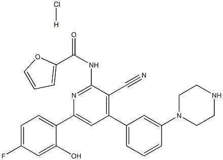 N-(3-cyano-6-(4-fluoro-2-hydroxyphenyl)-4-(3-(piperazin-1-yl)phenyl)pyridin-2-yl)furan-2-carboxamide hydrochloride 结构式