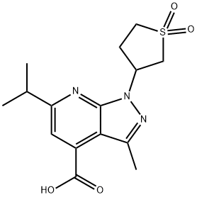 1-(1,1-Dioxo-tetrahydro-1l6-thiophen-3-yl)-6-isopropyl-3-methyl-1H-pyrazolo[3,4-b]pyridine-4-carboxylic acid 结构式
