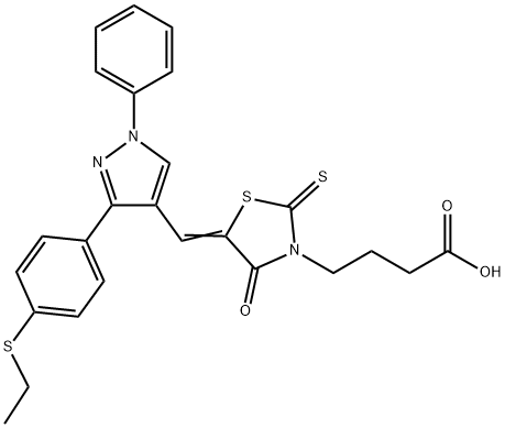 4-[(5Z)-5-({3-[4-(ethylsulfanyl)phenyl]-1-phenyl-1H-pyrazol-4-yl}methylidene)-4-oxo-2-thioxo-1,3-thiazolidin-3-yl]butanoic acid 结构式