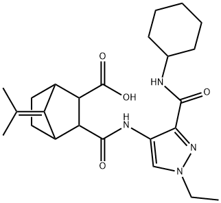 3-((3-(cyclohexylcarbamoyl)-1-ethyl-1H-pyrazol-4-yl)carbamoyl)-7-(propan-2-ylidene)bicyclo[2.2.1]heptane-2-carboxylic acid 结构式