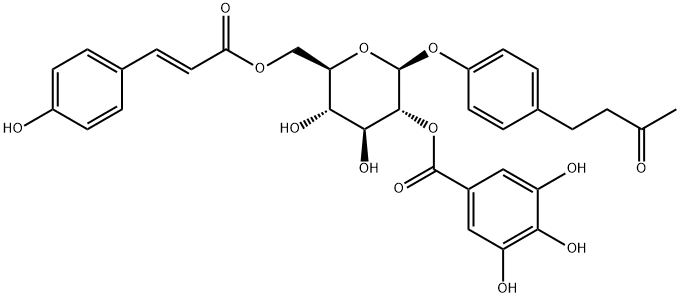 4'-羟基苯基-2-丁酮-4'-O-B-D-(2"-O-没食子酰-6"-O-对羟基桂皮酰)葡萄糖苷 结构式