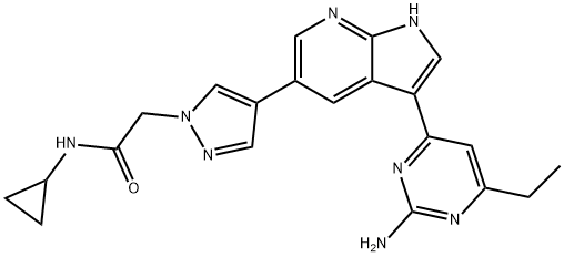 2-[4-[3-(2-Amino-6-ethylpyrimidin-4-yl)-1H-pyrrolo[2,3-b]pyridin-5-yl]pyrazol-1-yl]-N-cyclopropylacetamide 结构式