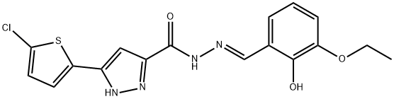 3-(5-chlorothiophen-2-yl)-N'-[(E)-(3-ethoxy-2-hydroxyphenyl)methylidene]-1H-pyrazole-5-carbohydrazide 结构式