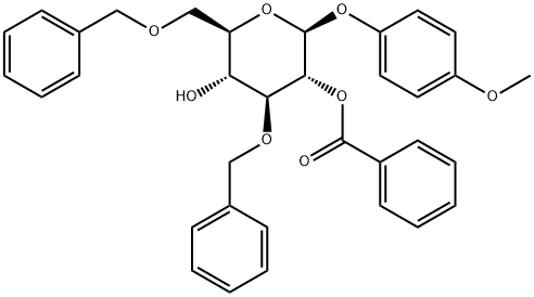 4-甲氧基苯基 3,6-二-O-(苯基甲基)-BETA-D-吡喃葡萄糖苷 2-苯甲酸酯 结构式