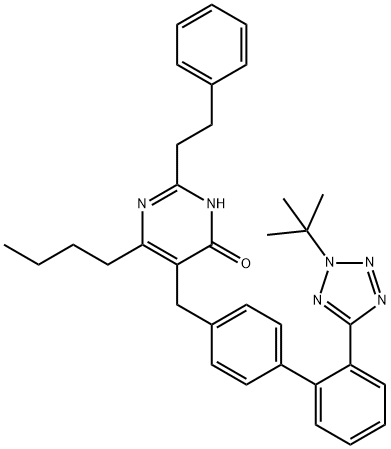 6-丁基-5-((2-(2-(叔-丁基)-2H-四唑-5-基)-[1,1-二联苯]-4-基)甲基)-2-苯乙基嘧啶-4(3H)-酮 结构式