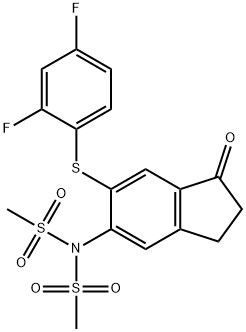 N-(6-((2,4-二氟苯基)硫代)-1-氧亚基-2,3-二氢-1H-茚-5-基)-N-(甲磺酰)甲磺酰胺 结构式