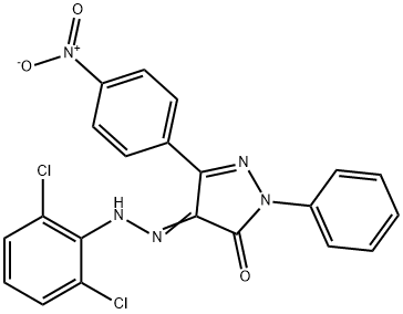 (4Z)-4-[2-(2,6-dichlorophenyl)hydrazinylidene]-5-(4-nitrophenyl)-2-phenyl-2,4-dihydro-3H-pyrazol-3-one 结构式