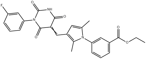 ethyl 3-(3-{(E)-[1-(3-fluorophenyl)-2,4,6-trioxotetrahydropyrimidin-5(2H)-ylidene]methyl}-2,5-dimethyl-1H-pyrrol-1-yl)benzoate 结构式