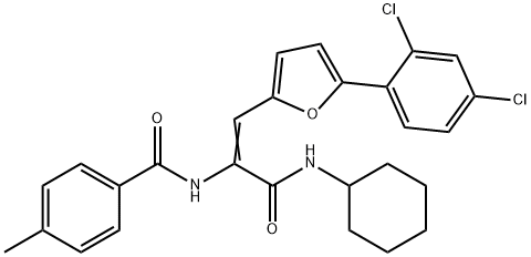 N-{(1Z)-3-(cyclohexylamino)-1-[5-(2,4-dichlorophenyl)furan-2-yl]-3-oxoprop-1-en-2-yl}-4-methylbenzamide 结构式