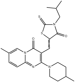 3-[(3-isobutyl-4-oxo-2-thioxo-1,3-thiazolidin-5-ylidene)methyl]-7-methyl-2-(4-methyl-1-piperidinyl)-4H-pyrido[1,2-a]pyrimidin-4-one 结构式