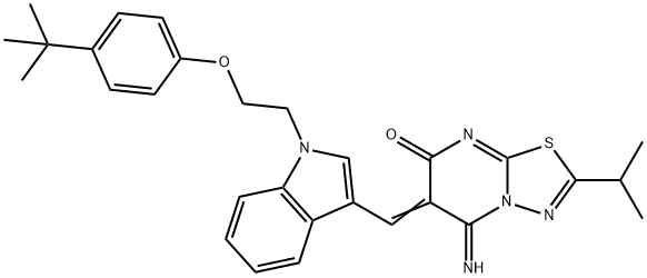 (6Z)-6-({1-[2-(4-tert-butylphenoxy)ethyl]-1H-indol-3-yl}methylidene)-5-imino-2-(propan-2-yl)-5,6-dihydro-7H-[1,3,4]thiadiazolo[3,2-a]pyrimidin-7-one 结构式