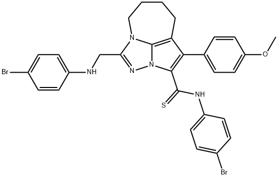 N-(4-bromophenyl)-4-(((4-bromophenyl)amino)methyl)-1-(4-methoxyphenyl)-5,6,7,8-tetrahydro-2a,3,4a-triazacyclopenta[cd]azulene-2-carbothioamide 结构式