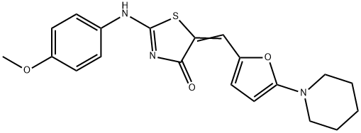 (2E,5Z)-2-[(4-methoxyphenyl)imino]-5-{[5-(piperidin-1-yl)furan-2-yl]methylidene}-1,3-thiazolidin-4-one 结构式