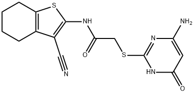 2-[(6-amino-4-oxo-1,4-dihydropyrimidin-2-yl)sulfanyl]-N-(3-cyano-4,5,6,7-tetrahydro-1-benzothiophen-2-yl)acetamide 结构式