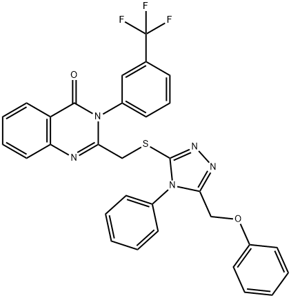 2-({[5-(phenoxymethyl)-4-phenyl-4H-1,2,4-triazol-3-yl]sulfanyl}methyl)-3-[3-(trifluoromethyl)phenyl]quinazolin-4(3H)-one 结构式