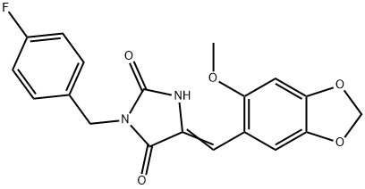 (5E)-3-(4-fluorobenzyl)-5-[(6-methoxy-1,3-benzodioxol-5-yl)methylidene]imidazolidine-2,4-dione 结构式